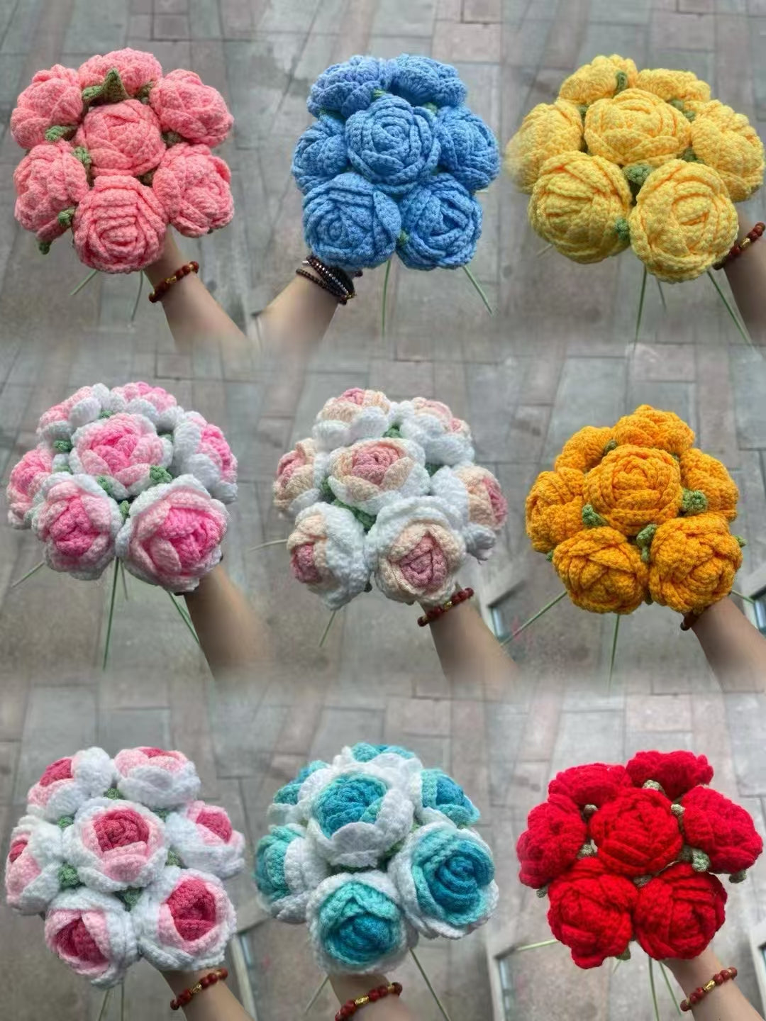 Round Petal Regular Rose Crochet Flower Stem CF-001