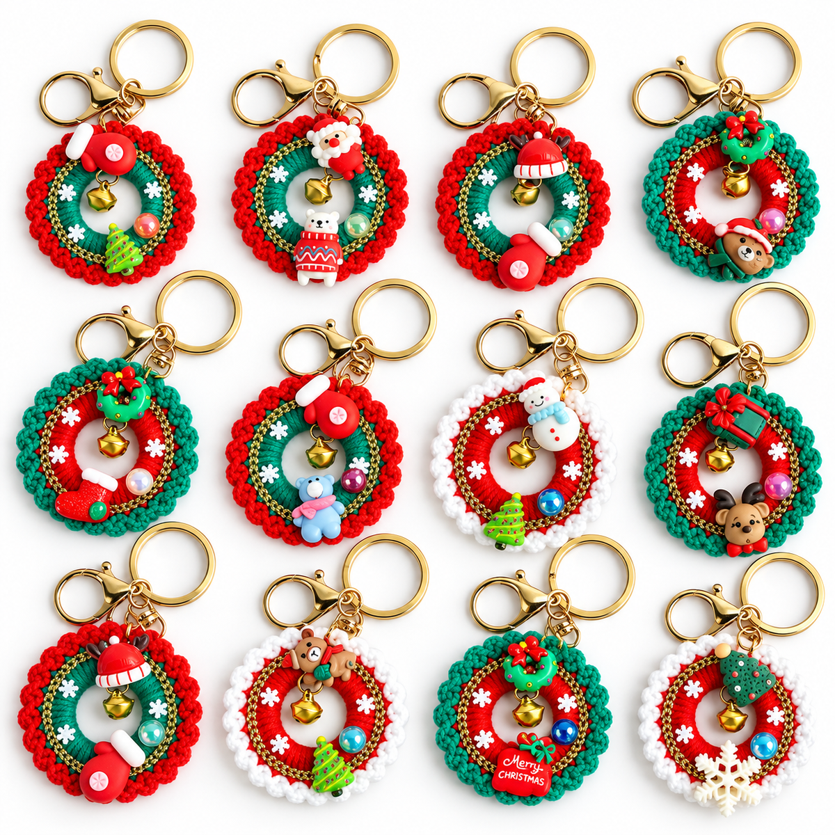 Crochet Christmas Wreath Keychains – Assorted Set of 12