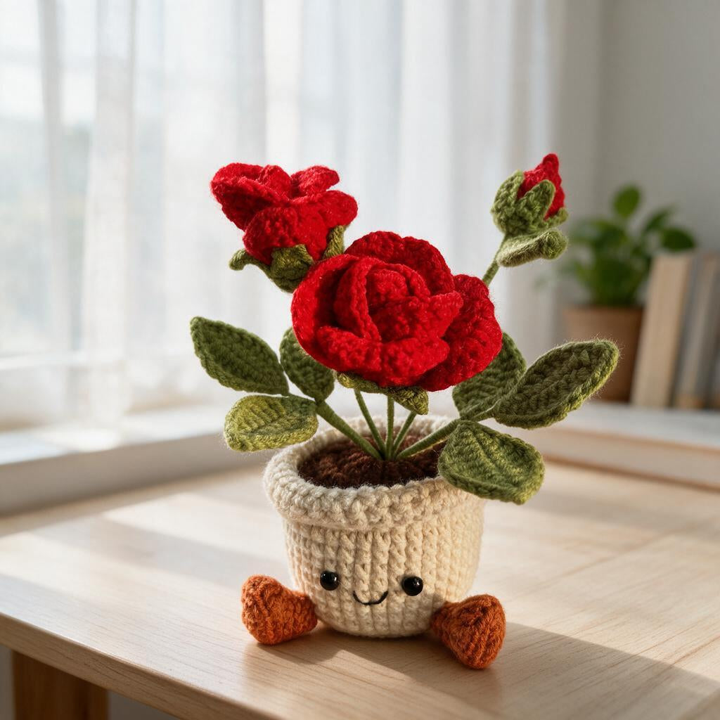 Crochet Rose Smile Pot with Buds
