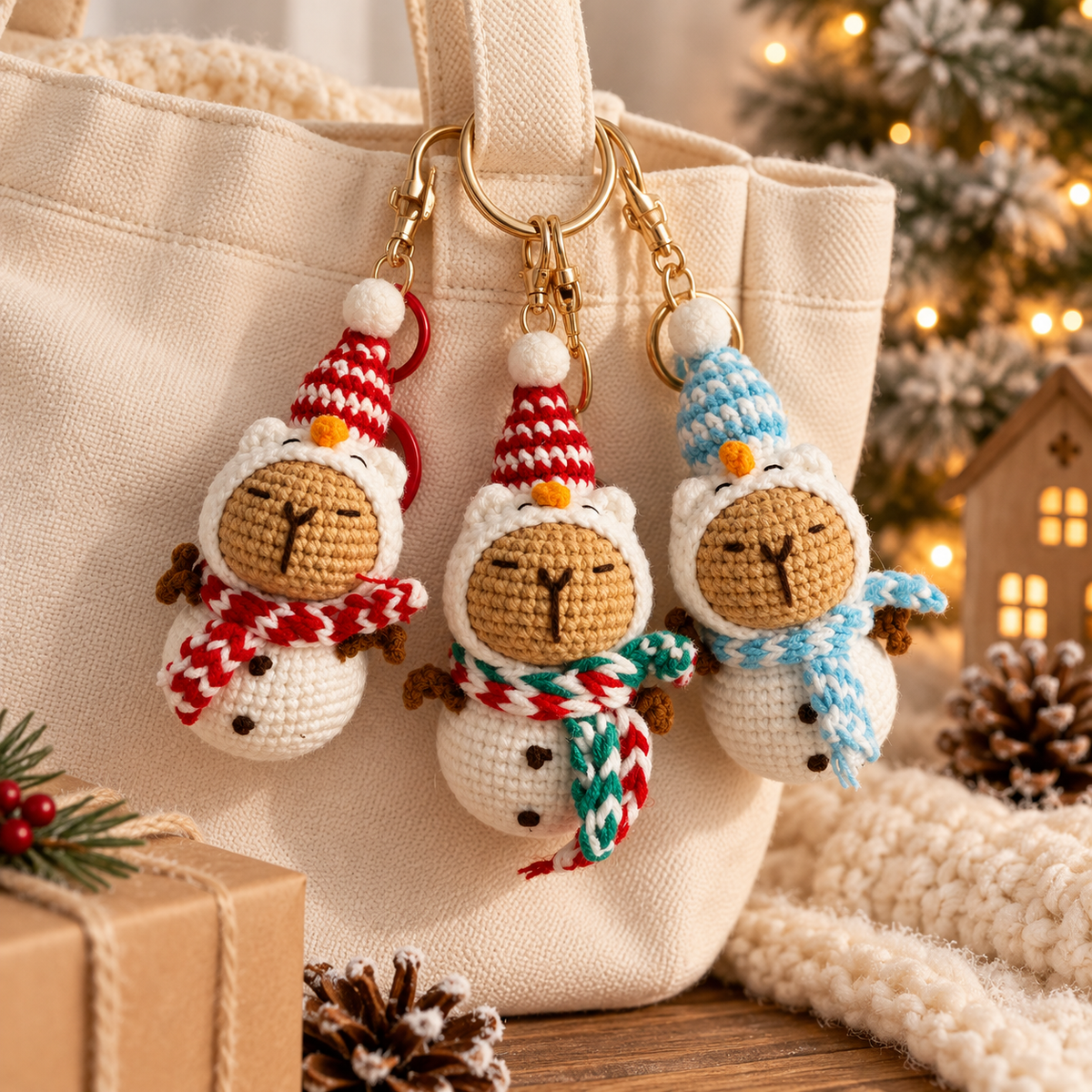 Crochet Snowman Capybara Keychain
