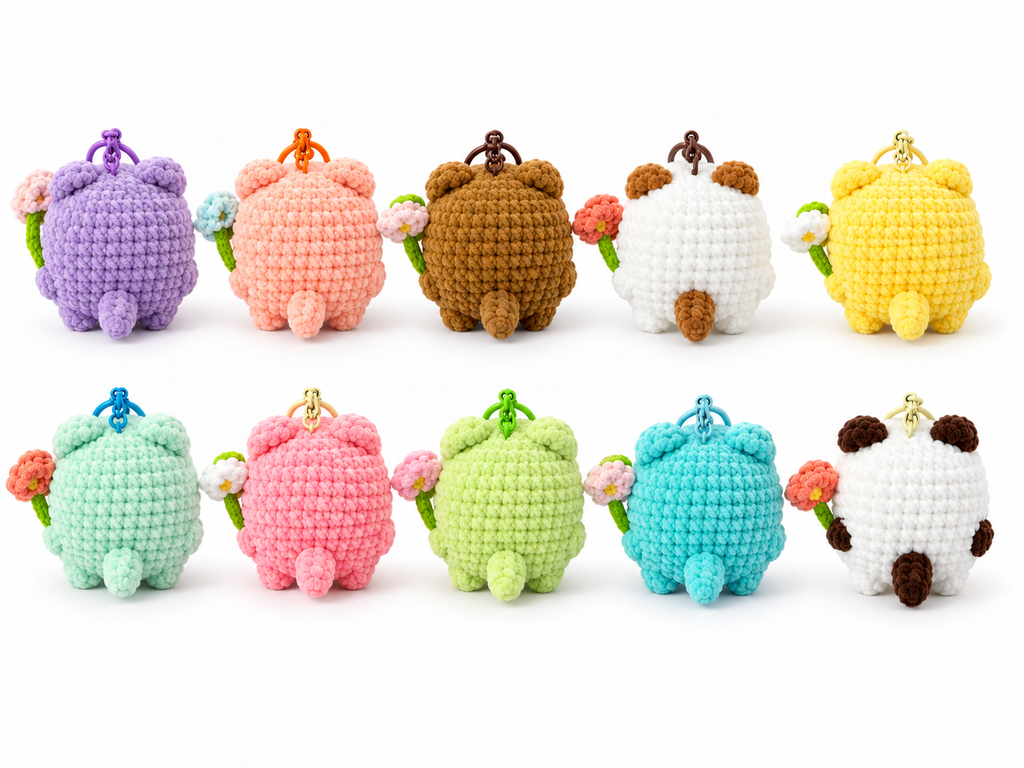 Crochet Cat with Bloom Gummy-Yarn Keychain