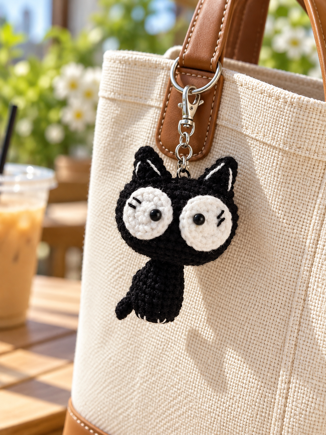 Crochet Big-Eyed Black Cat Keychain