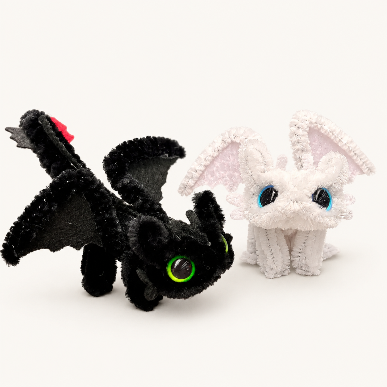 Toothless Dragon Pipe Cleaner Couple | Handmade Fluffy Desk Decor Gift
