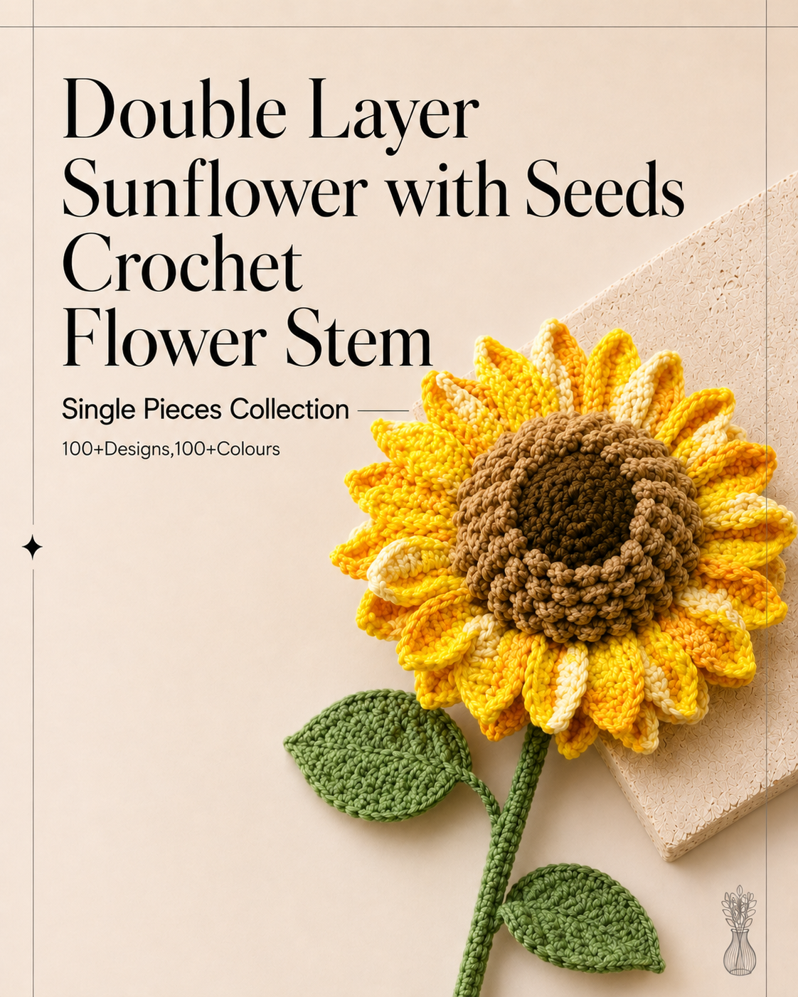 Double Layer Sunflower with Seeds Crochet Flower Stem CF-012