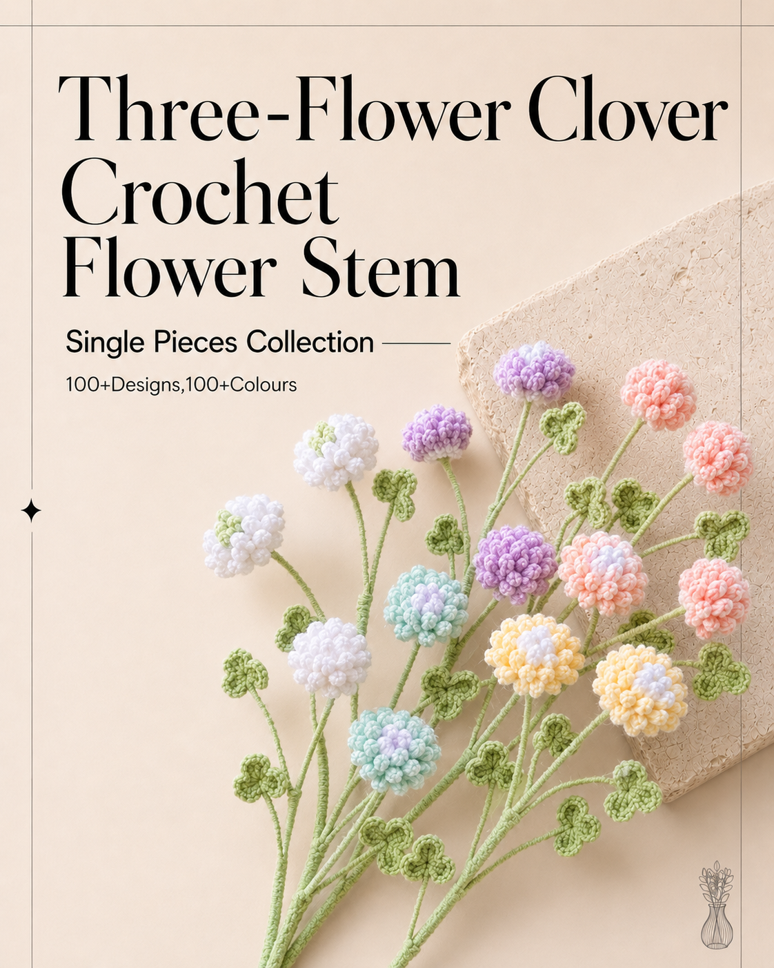 Three-Flower Clover Crochet Flower Stem