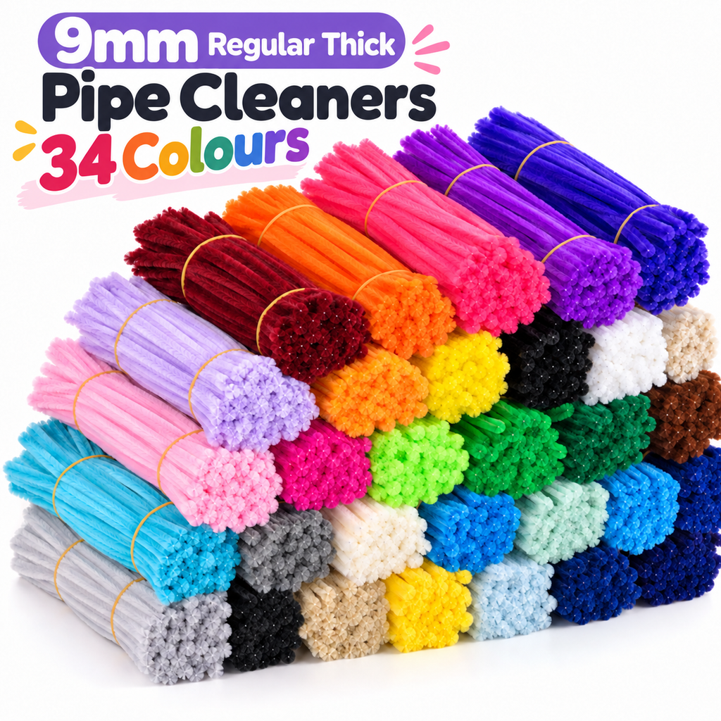 100Pcs 9mm×30cm Thick Pipe Cleaners Extra Dense Chenille Stems 34 Colors