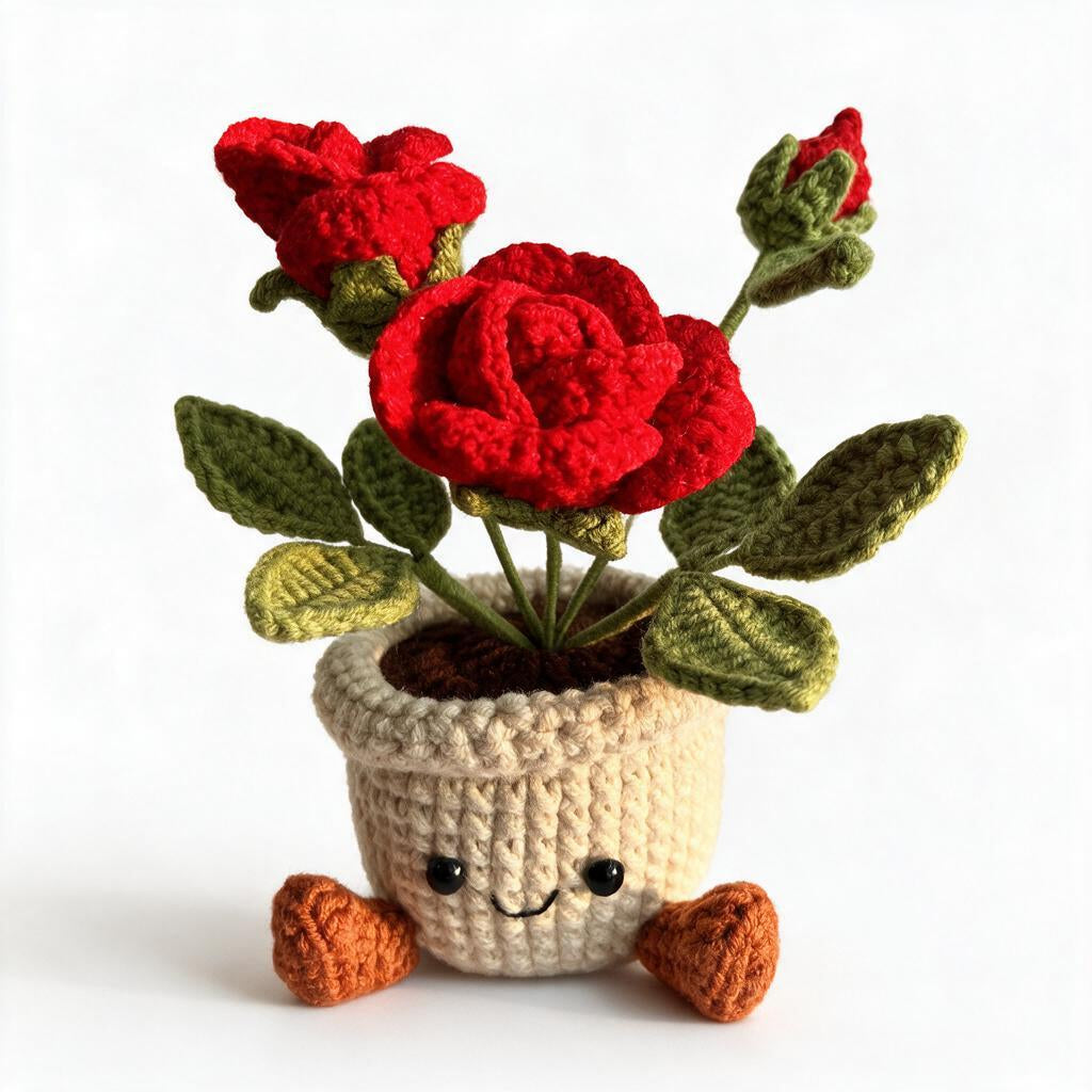 Crochet Rose Smile Pot with Buds