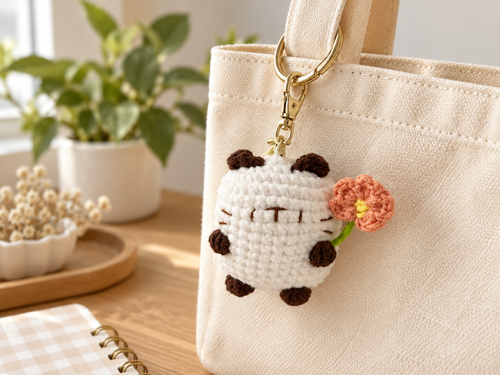 Crochet Cat with Bloom Gummy-Yarn Keychain