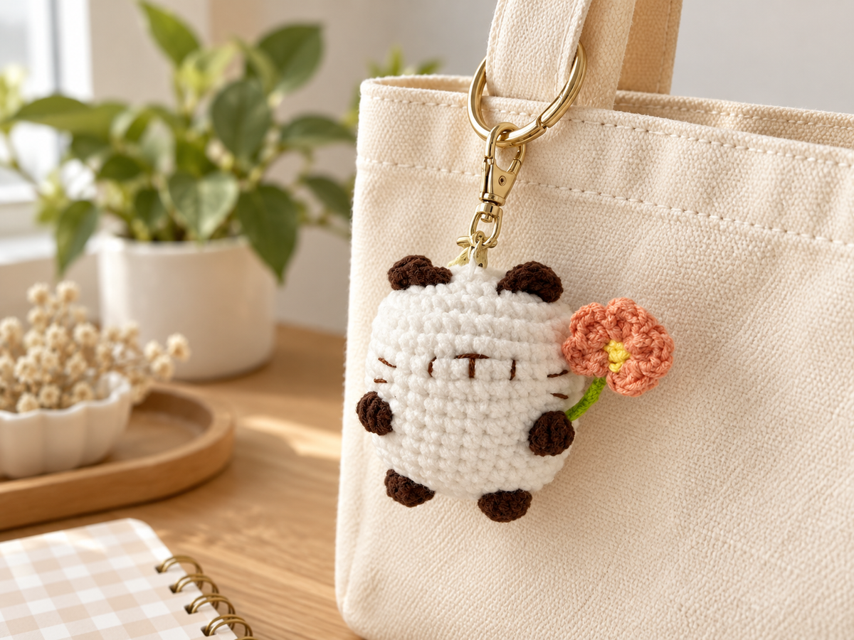 Crochet Cat with Bloom Gummy-Yarn Keychain