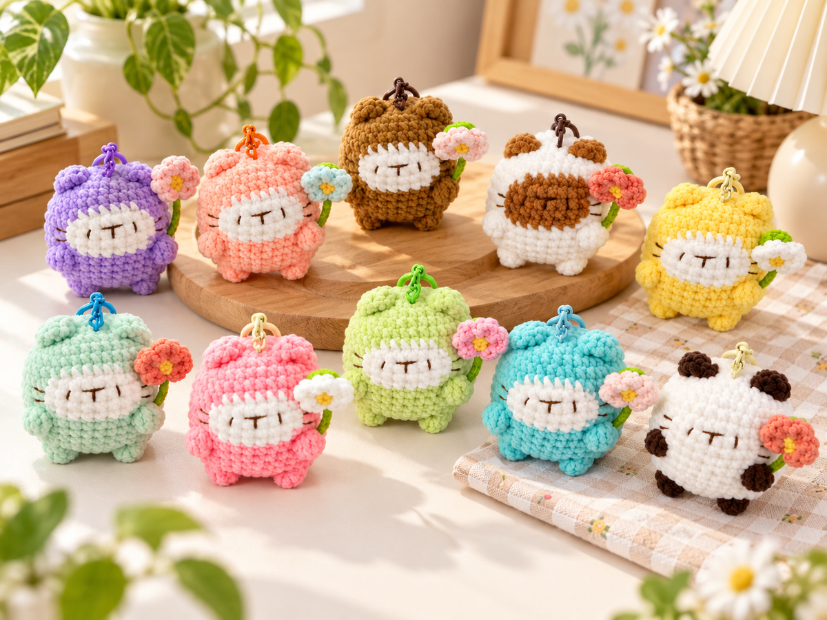 Crochet Cat with Bloom Gummy-Yarn Keychain