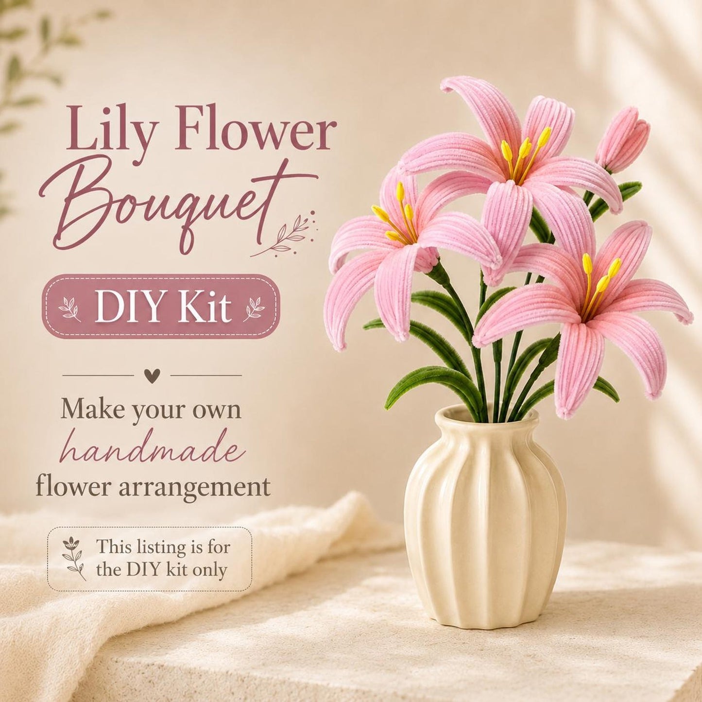 DIY Lily Flower Kit, Pipe Cleaner Flowers, Handmade Craft Kit, Floral DIY Gift, Twist Stem Flower Kit, Home Decor Gift