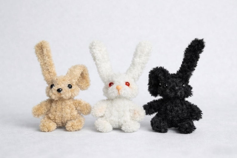 Pipe Cleaner Plush Bunny Trio Handmade Kawaii Mini Stuffed Toy Gift