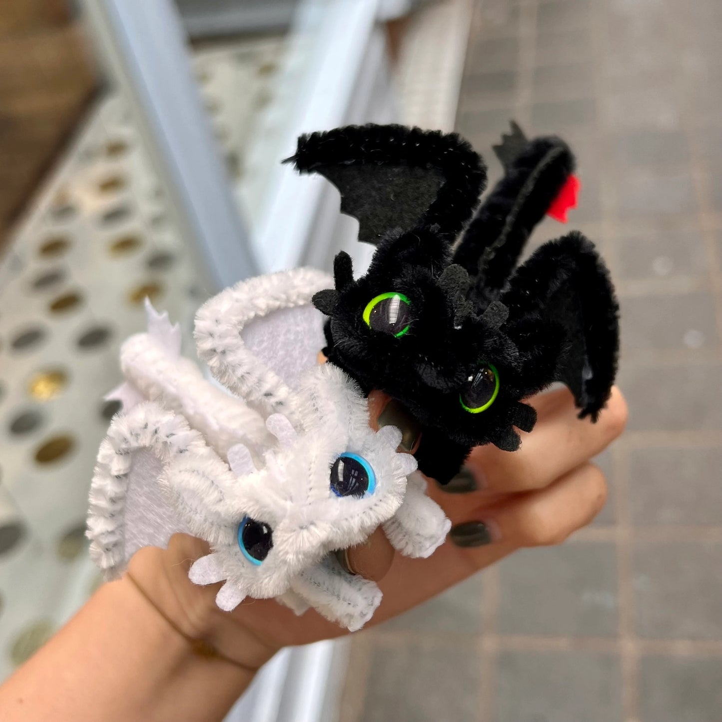 Toothless Dragon Pipe Cleaner Couple | Handmade Fluffy Desk Decor Gift