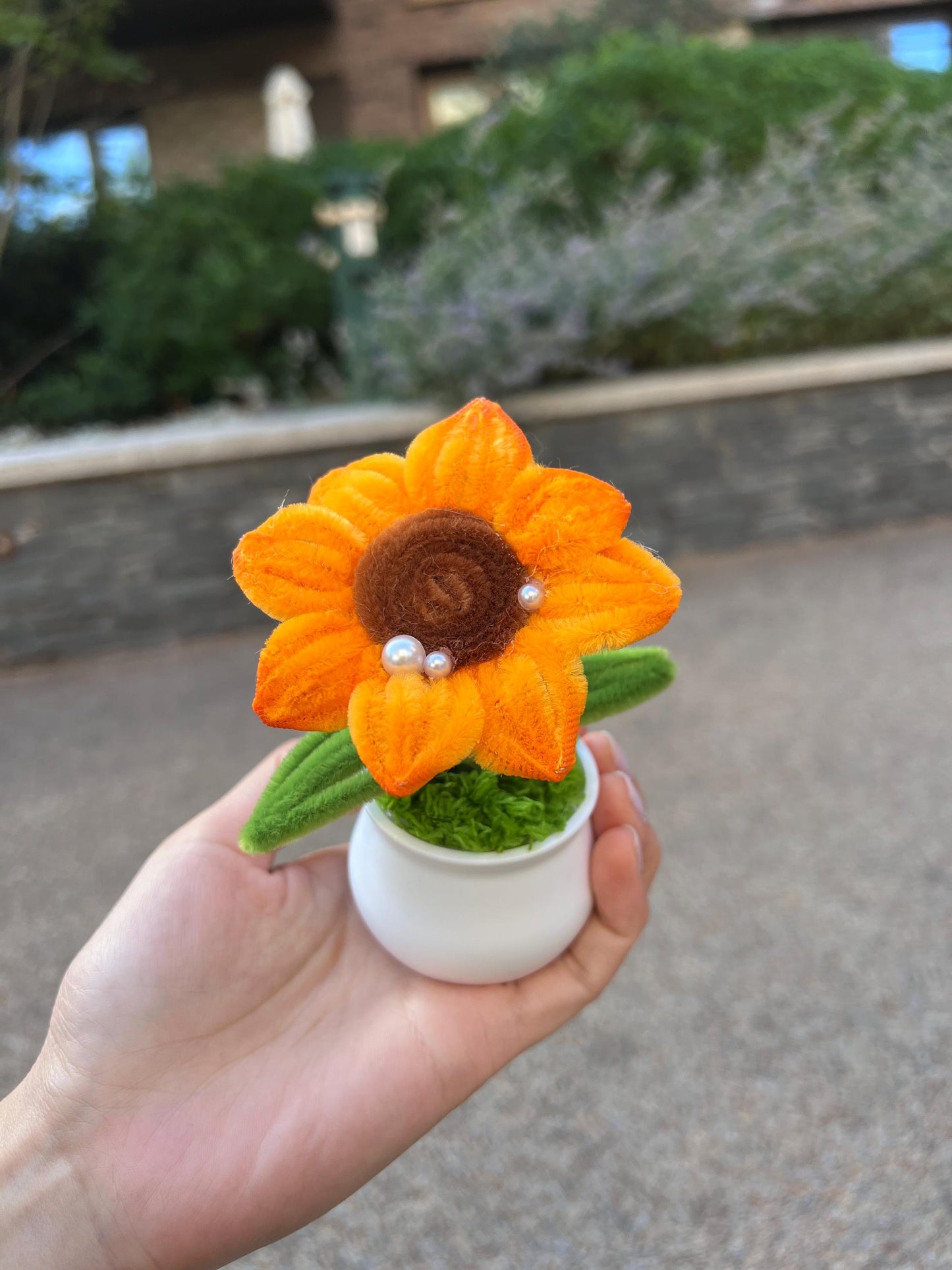 Handmade Pipe Cleaner Sunflower in Mini Pot – Golden & Amber Chenille Stem Flower Décor