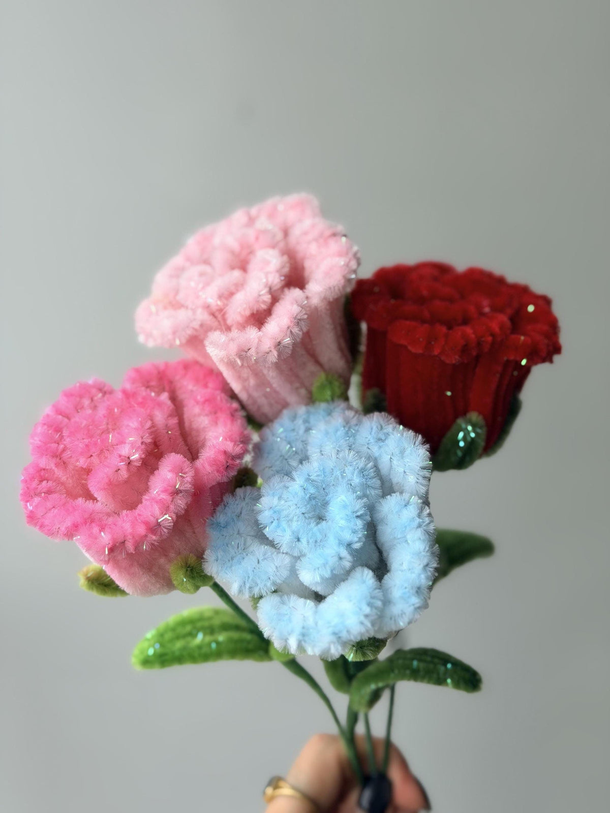 Sparkly Tinsel Gradient Rose, Handmade Chenille Stem Flower, DIY Bouquet Alternative