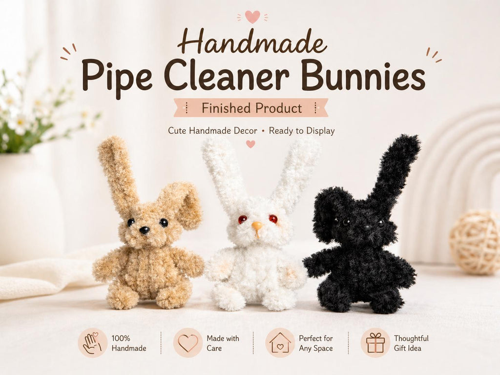 Pipe Cleaner Plush Bunny Trio Handmade Kawaii Mini Stuffed Toy Gift