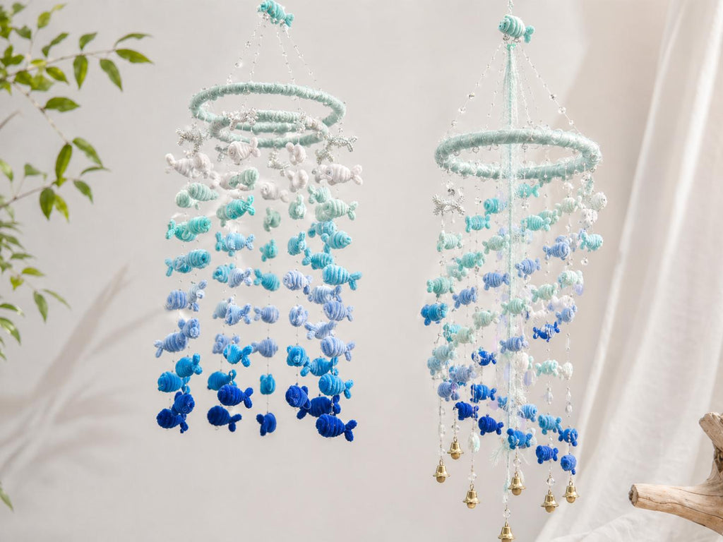 Fish Wind Chime DIY Kit or Finished Blue Hanging Decor Pipe Cleaner Fish Mobile Handmade Room Decor Ocean Theme Gift
