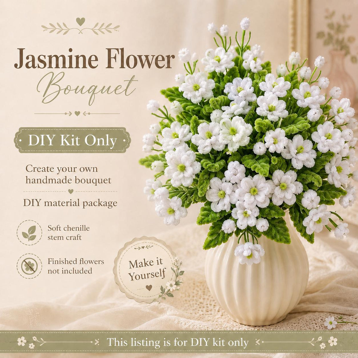 DIY Jasmine Flower Bouquet Kit, Pipe Cleaner Floral Craft, Handmade Chenille Stem Arrangement Gift