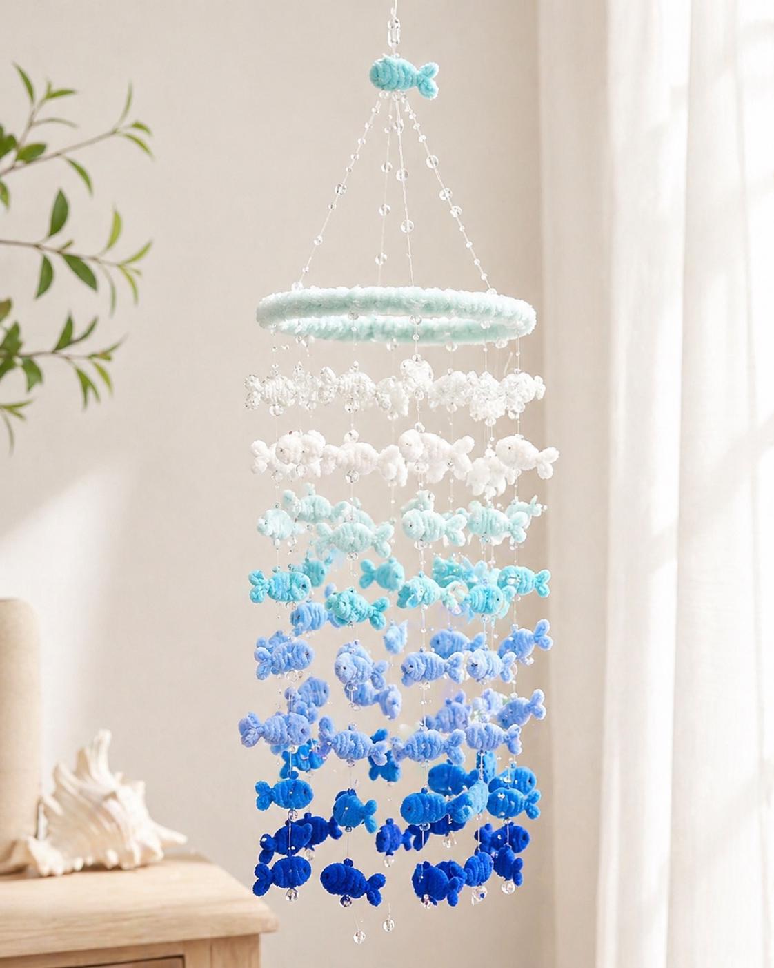 Fish Wind Chime DIY Kit or Finished Blue Hanging Decor Pipe Cleaner Fish Mobile Handmade Room Decor Ocean Theme Gift
