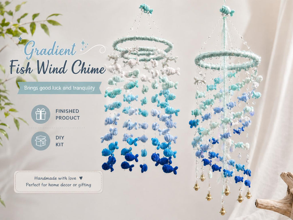 Fish Wind Chime DIY Kit or Finished Blue Hanging Decor Pipe Cleaner Fish Mobile Handmade Room Decor Ocean Theme Gift