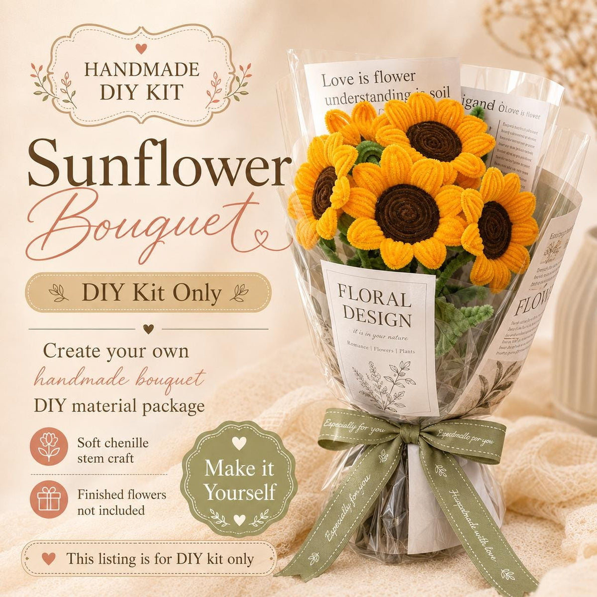 DIY Sunflower Kit, Pipe Cleaner Flower Kit, Handmade Bouquet Craft, Gift for Her, Aesthetic Room Decor, Beginner Friendly Craft