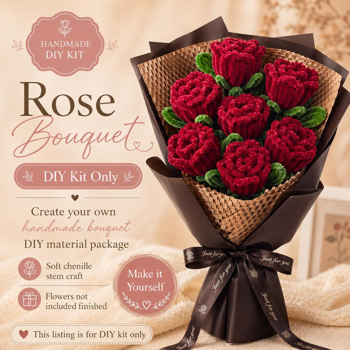 DIY Rose Flower Kit, for 7 Stems Pipe Cleaner Roses, Handmade Flower Craft, Romantic Gift, Floral DIY Set, Bouquet Making Kit