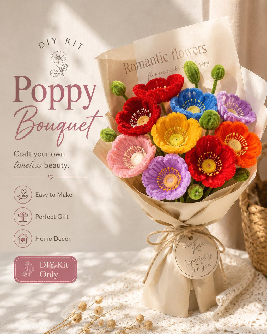 DIY Poppy Flower Kit, for Pipe Cleaner Poppies, Handmade Floral Craft, Bouquet Making Set