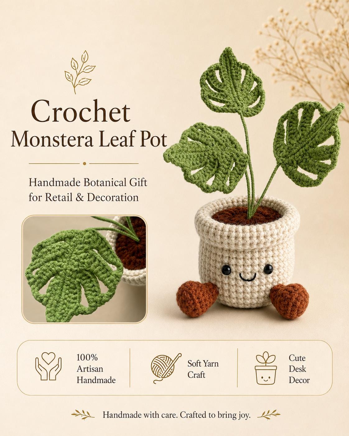 Crochet Small Monstera Leaf Pot, Handmade Yarn Plant, Cute Crochet Plant Decor, Botanical Gift, Home Decoration