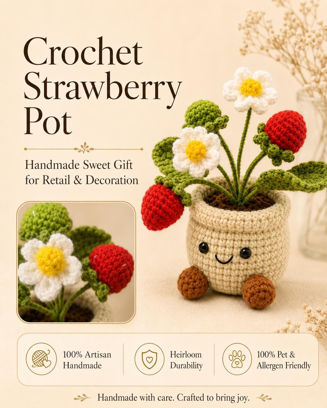 Crochet Small Strawberry Pot, Handmade Yarn Plant, Cute Crochet Plant Decor, Botanical Gift, Home Decoration