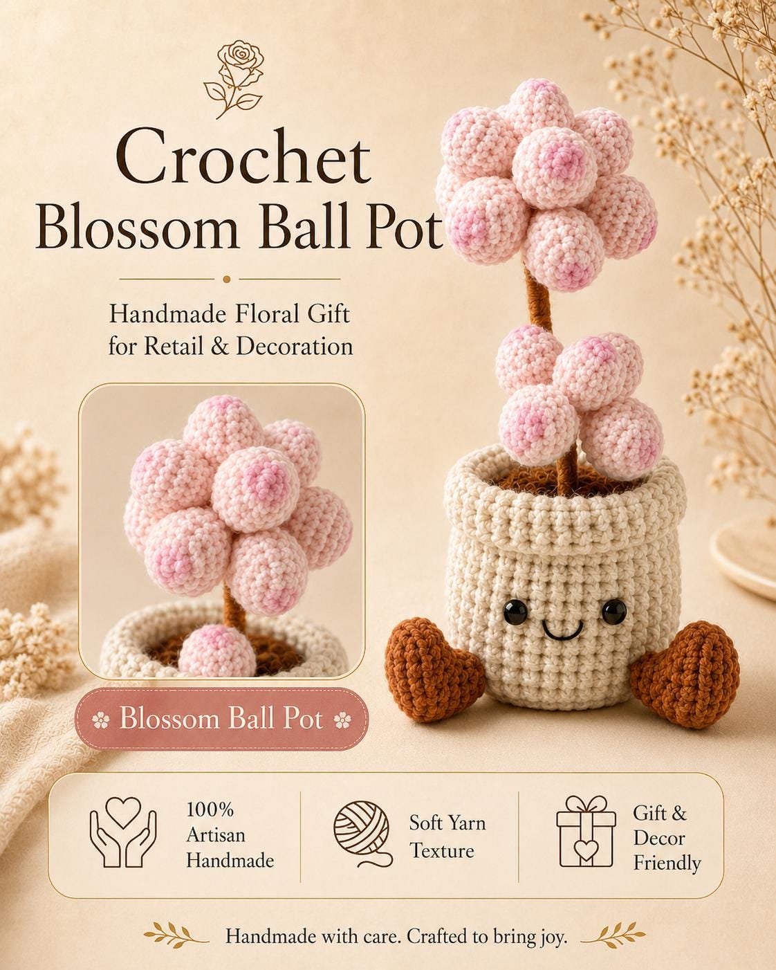 Crochet Small Blossom Ball Pot, Handmade Yarn Flower Plant, Cute Crochet Plant Decor, Botanical Gift, Home Decoration
