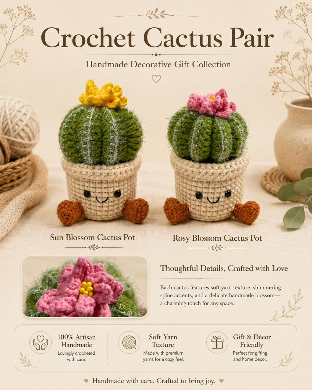 Crochet Small Cactus Garden Pot, Handmade Yarn Plant Decor, Cute Cactus Gift, Botanical Home Decoration, Cottagecore Decor