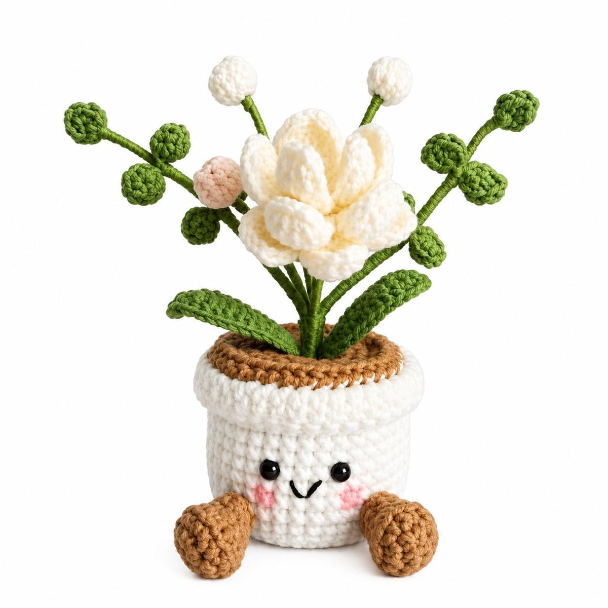 Crochet Small Gardenia Smile Pot, Handmade Yarn Flower Plant, Cute Floral Gift, Botanical Home Decoration, Cottagecore Decor