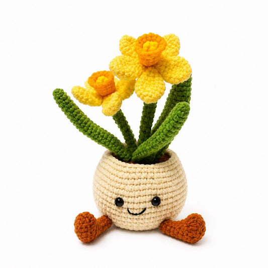 Crochet Medium Daffodil Flower Smile Pot, Handmade Yarn Plant Decor, Cute Flower Gift, Botanical Home Decoration, Cottagecore Decor