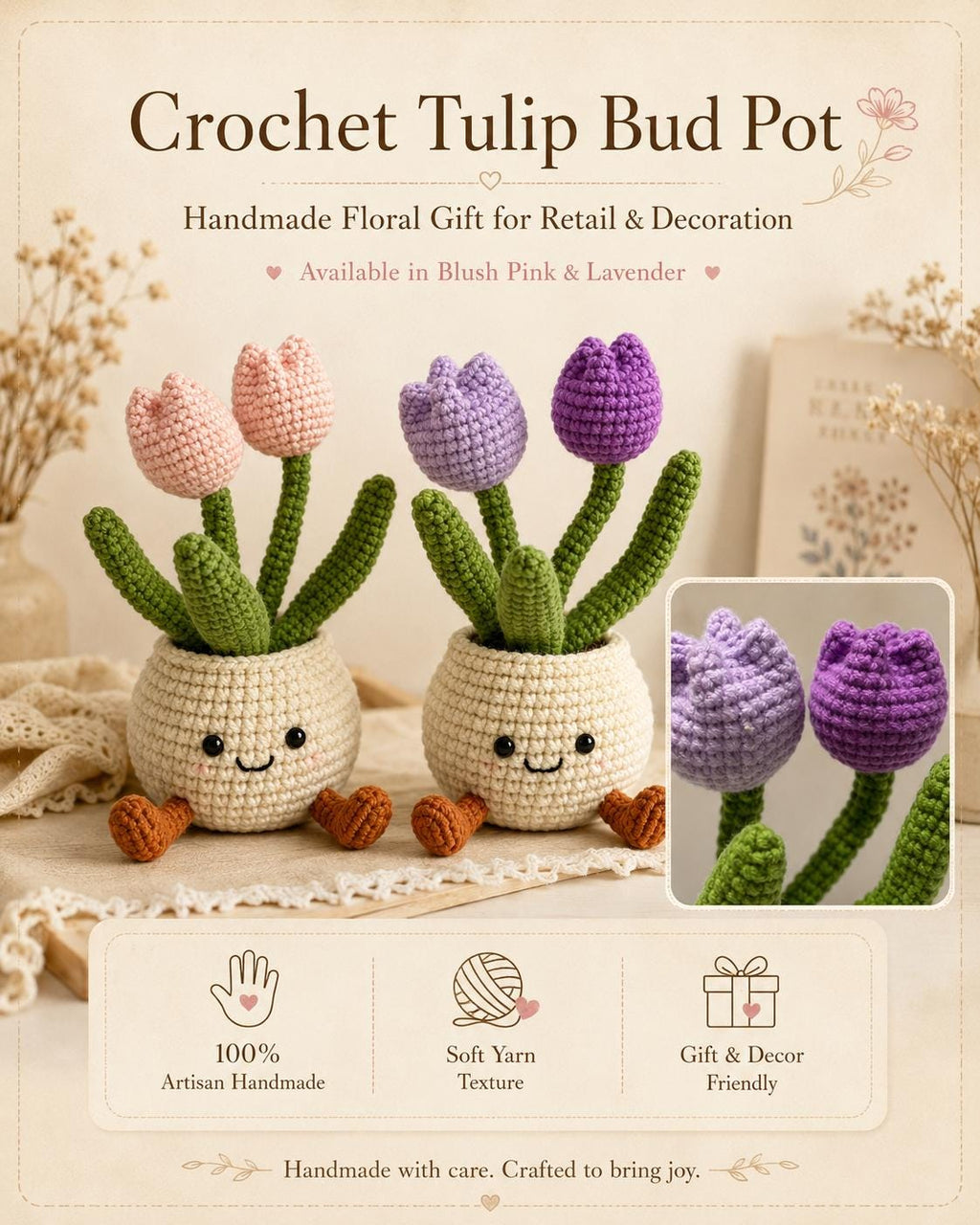 Crochet Tulip Flower Smile Pot, Handmade Yarn Plant Decor, Cute Tulip Gift, Botanical Home Decoration, Cottagecore Decor