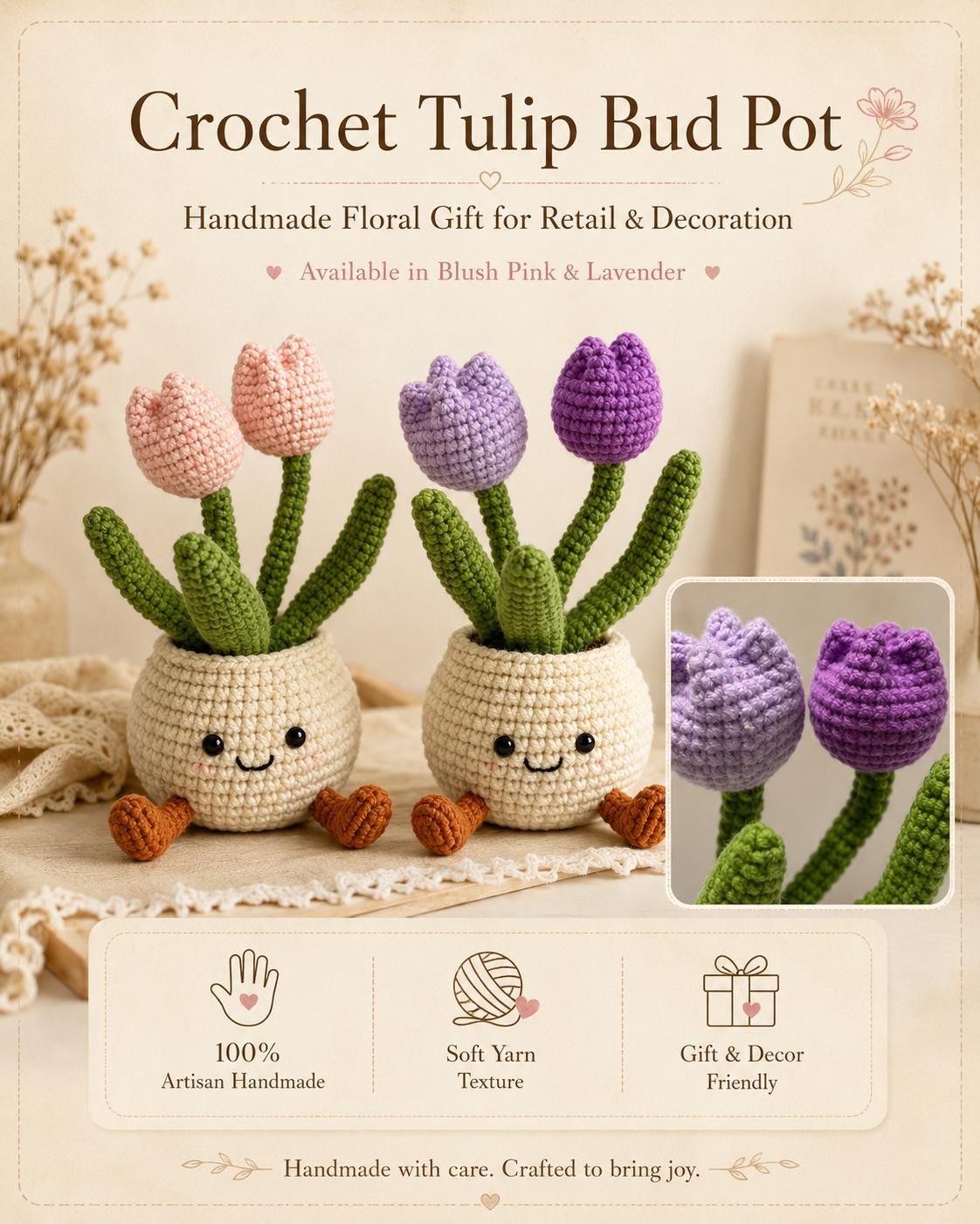 Crochet Tulip Flower Smile Pot, Handmade Yarn Plant Decor, Cute Tulip Gift, Botanical Home Decoration, Cottagecore Decor