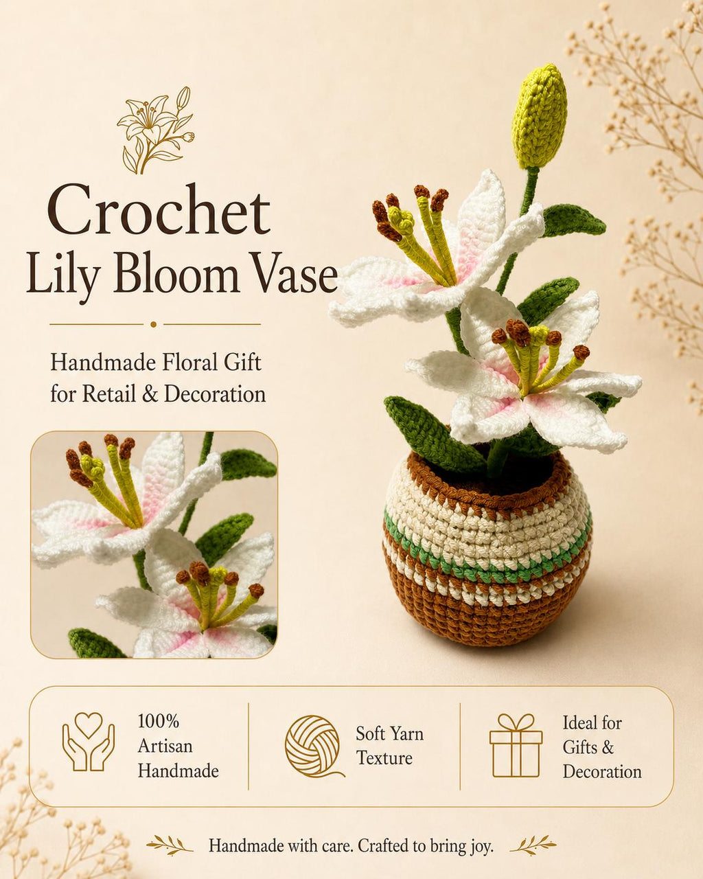 Crochet Lily Bloom Vase, Handmade Yarn Flower Arrangement, Elegant Floral Gift, Handmade Home Decor, Botanical Decoration
