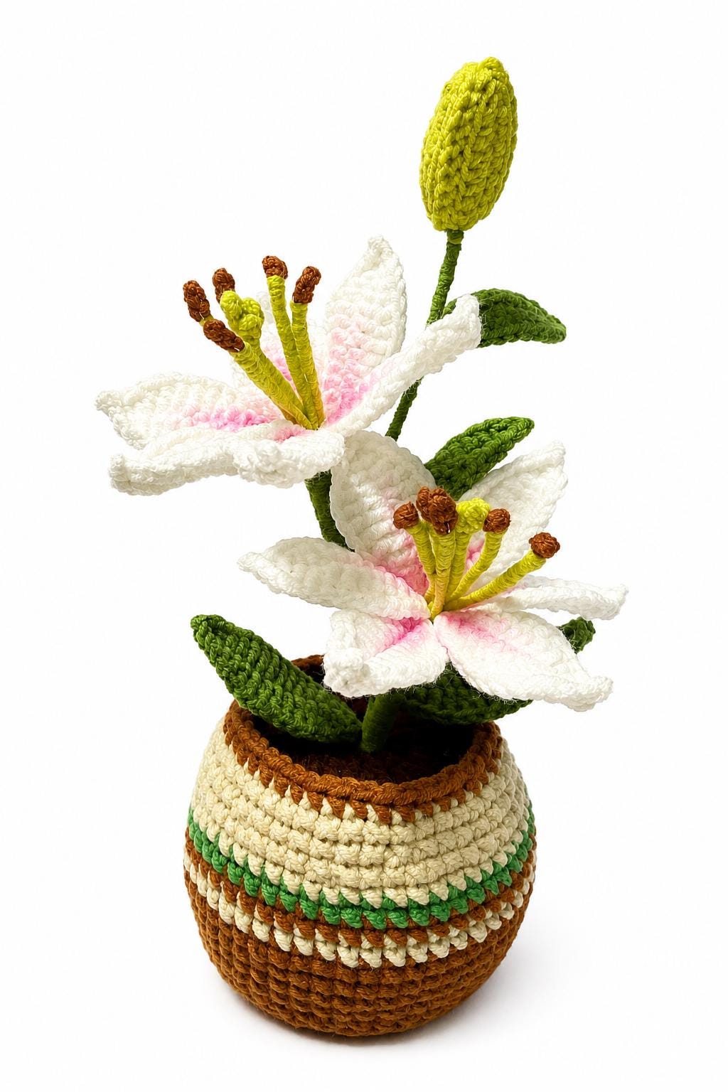 Crochet Lily Bloom Vase, Handmade Yarn Flower Arrangement, Elegant Floral Gift, Handmade Home Decor, Botanical Decoration