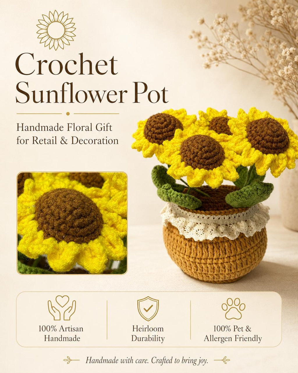Crochet Sunflower Bloom Pot, Handmade Yarn Flower Arrangement, Elegant Floral Gift, Handmade Home Decor, Botanical Decoration