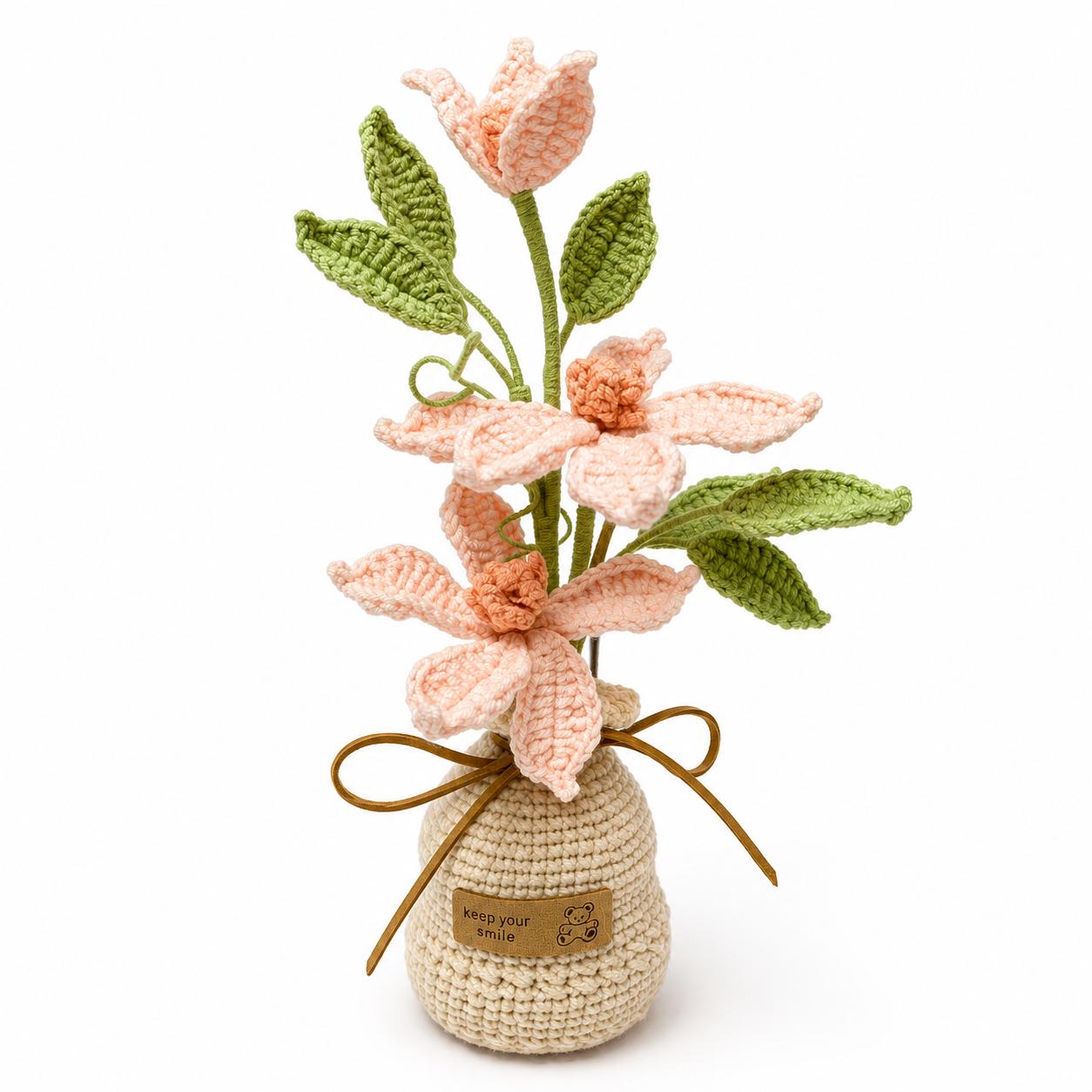 Crochet Clematis Pot, Handmade Yarn Flower Arrangement, Elegant Floral Gift, Handmade Home Decor, Botanical Decoration