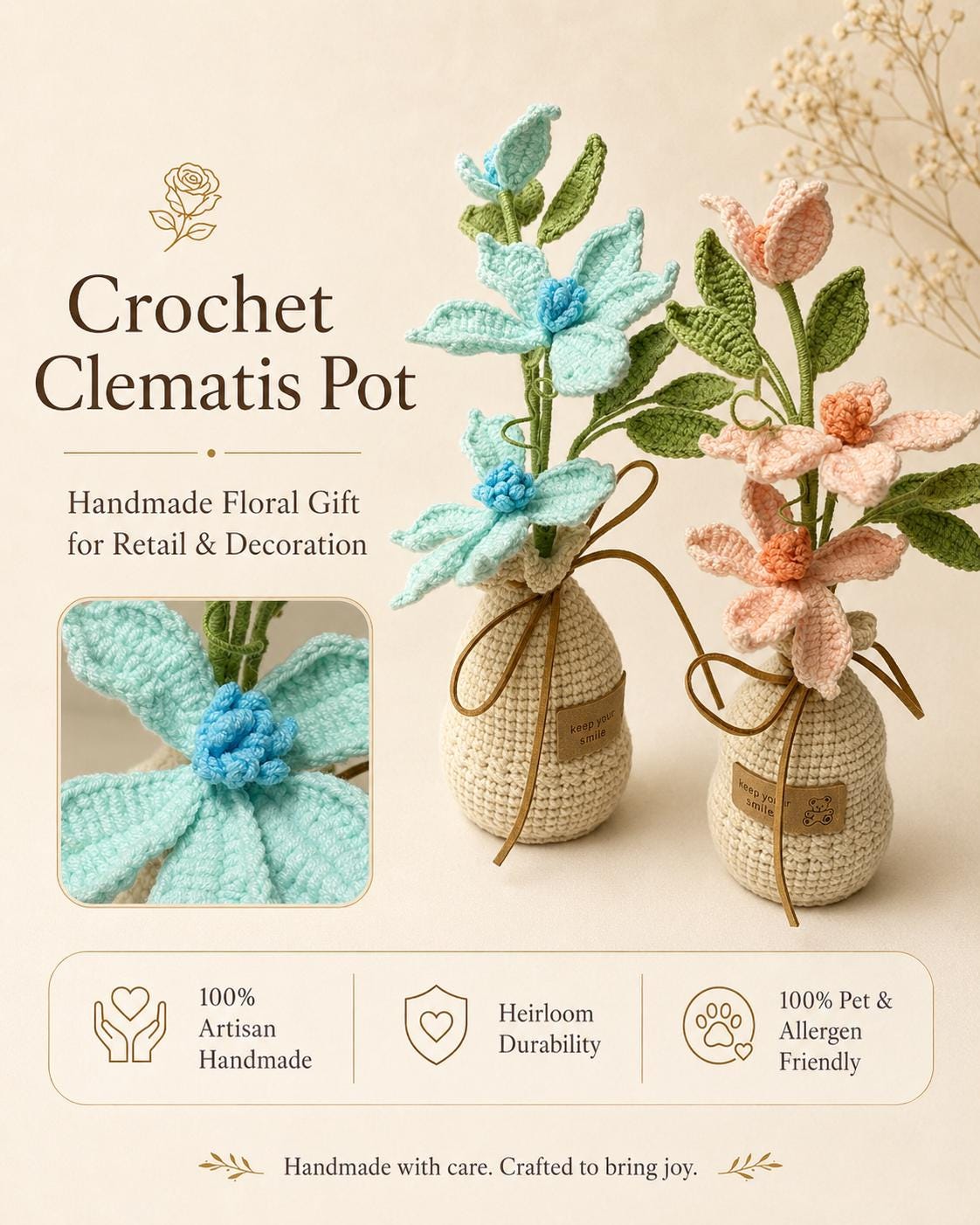 Crochet Clematis Pot, Handmade Yarn Flower Arrangement, Elegant Floral Gift, Handmade Home Decor, Botanical Decoration