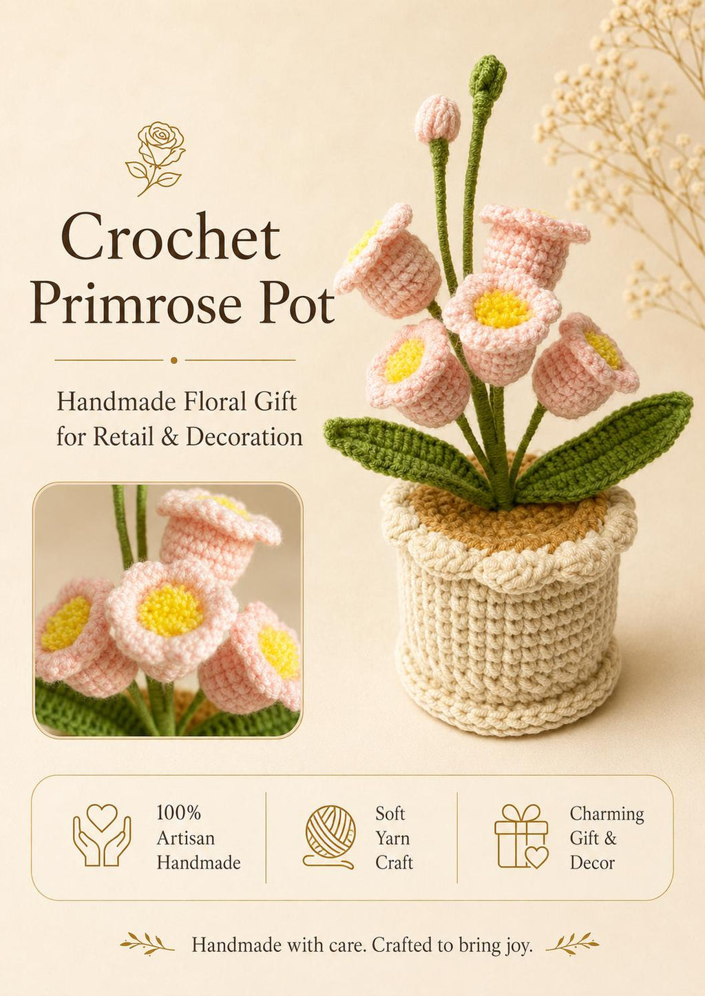 Crochet Primrose Pot, Handmade Yarn Flower Arrangement, Elegant Floral Gift, Handmade Home Decor, Botanical Decoration