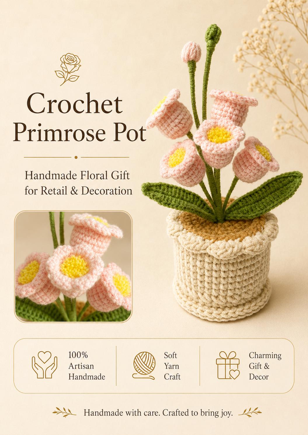 Crochet Primrose Pot, Handmade Yarn Flower Arrangement, Elegant Floral Gift, Handmade Home Decor, Botanical Decoration
