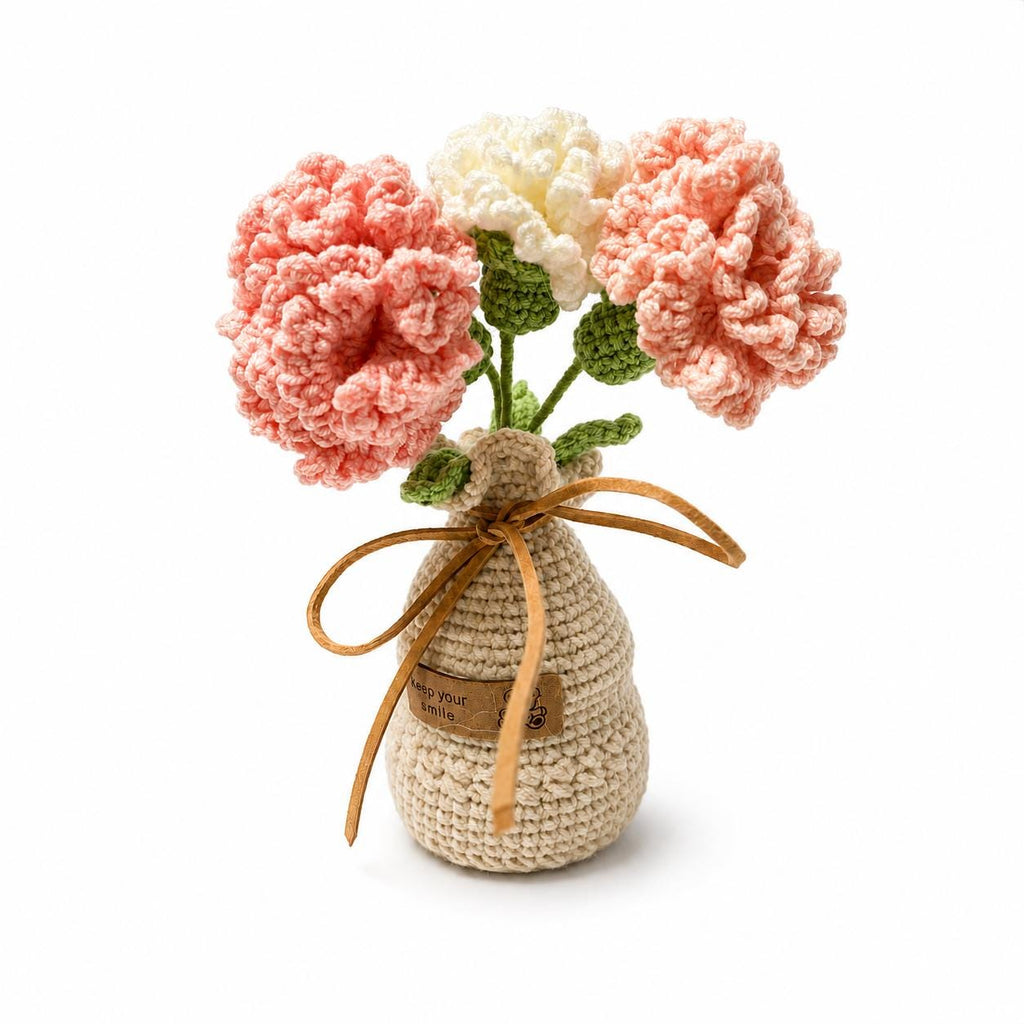 Crochet Carnation Bouquet, Handmade Yarn Flower Arrangement, Elegant Floral Gift, Handmade Home Decor, Botanical Decoration