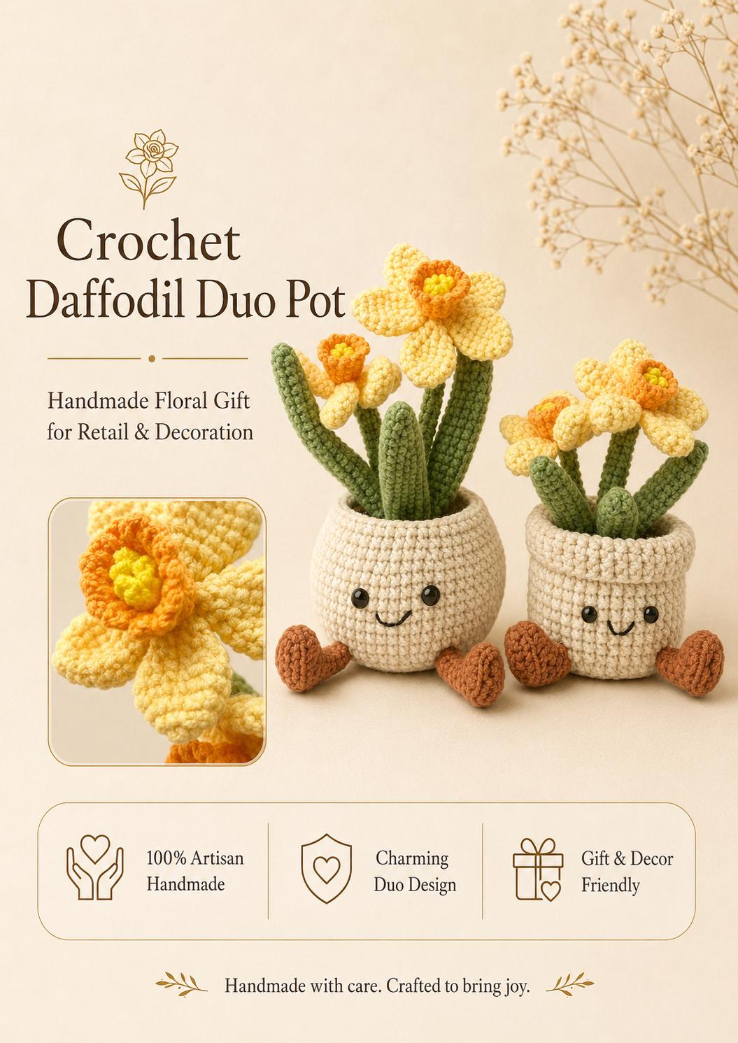 Crochet Small Daffodil Flower Smile Pot, Handmade Yarn Plant Decor, Cute Flower Gift, Botanical Home Decoration, Cottagecore Decor