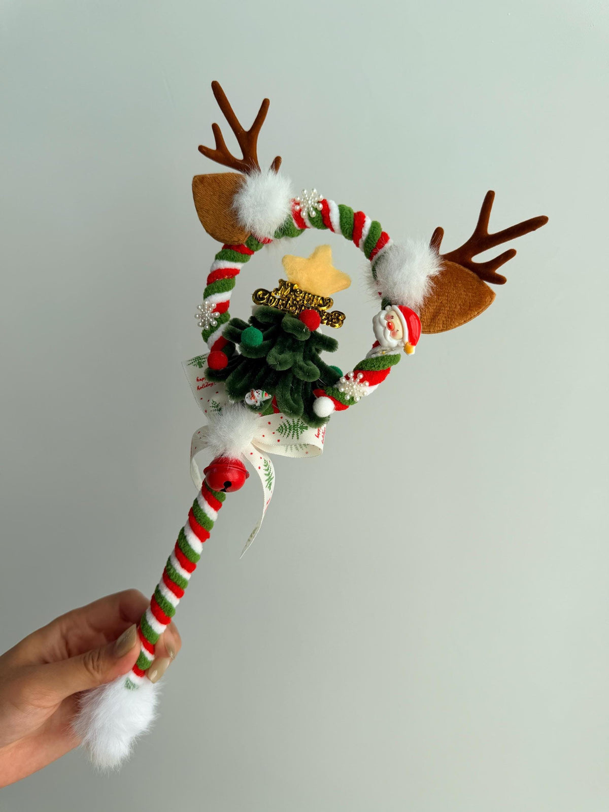 Santa Christmas Headband, Handmade Candy Cane Holiday Accessory, Festive Party Wear