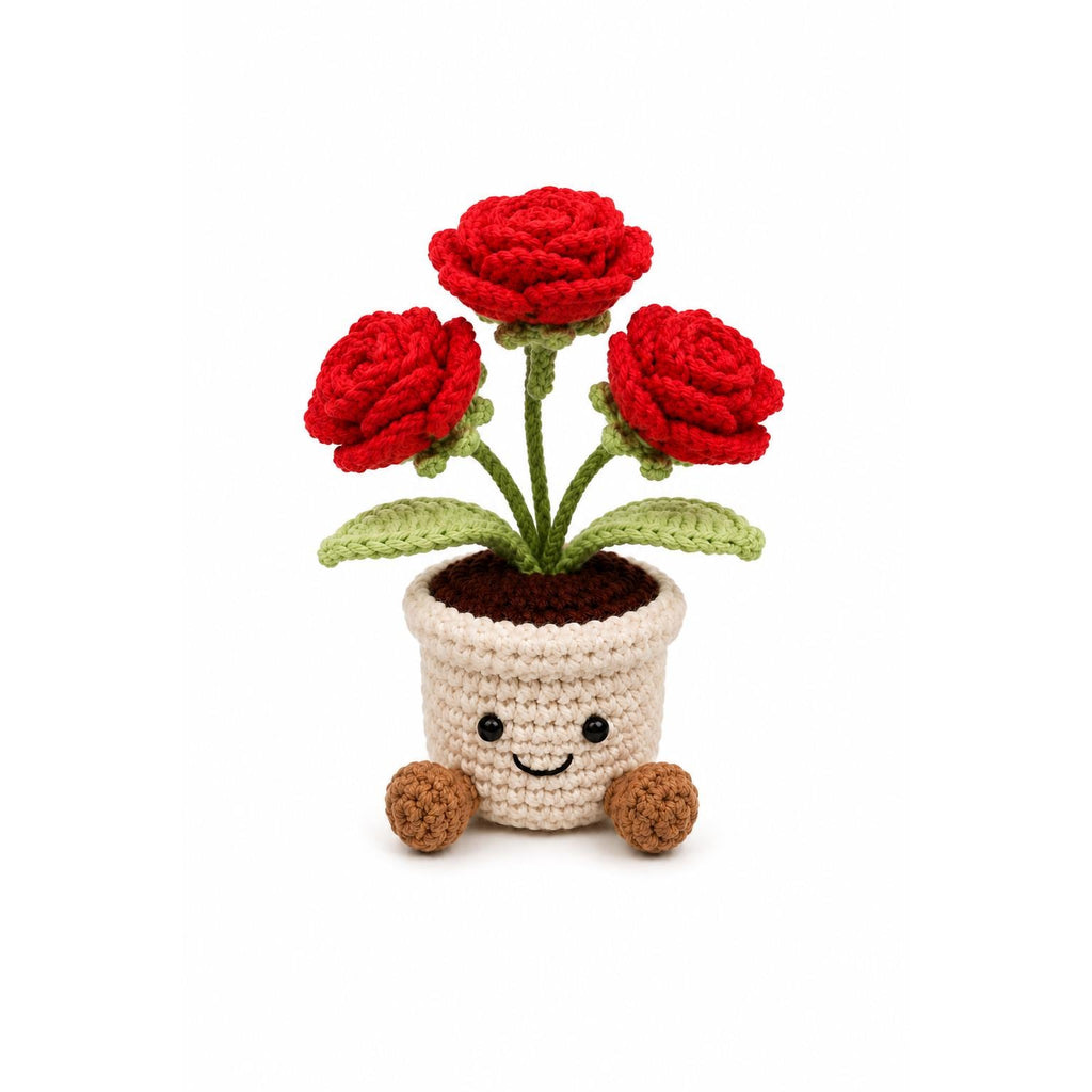 Crochet Small Rose Flower Smile Pot, Handmade Yarn Plant Decor, Cute Rose Gift, Botanical Home Decoration, Cottagecore Decor