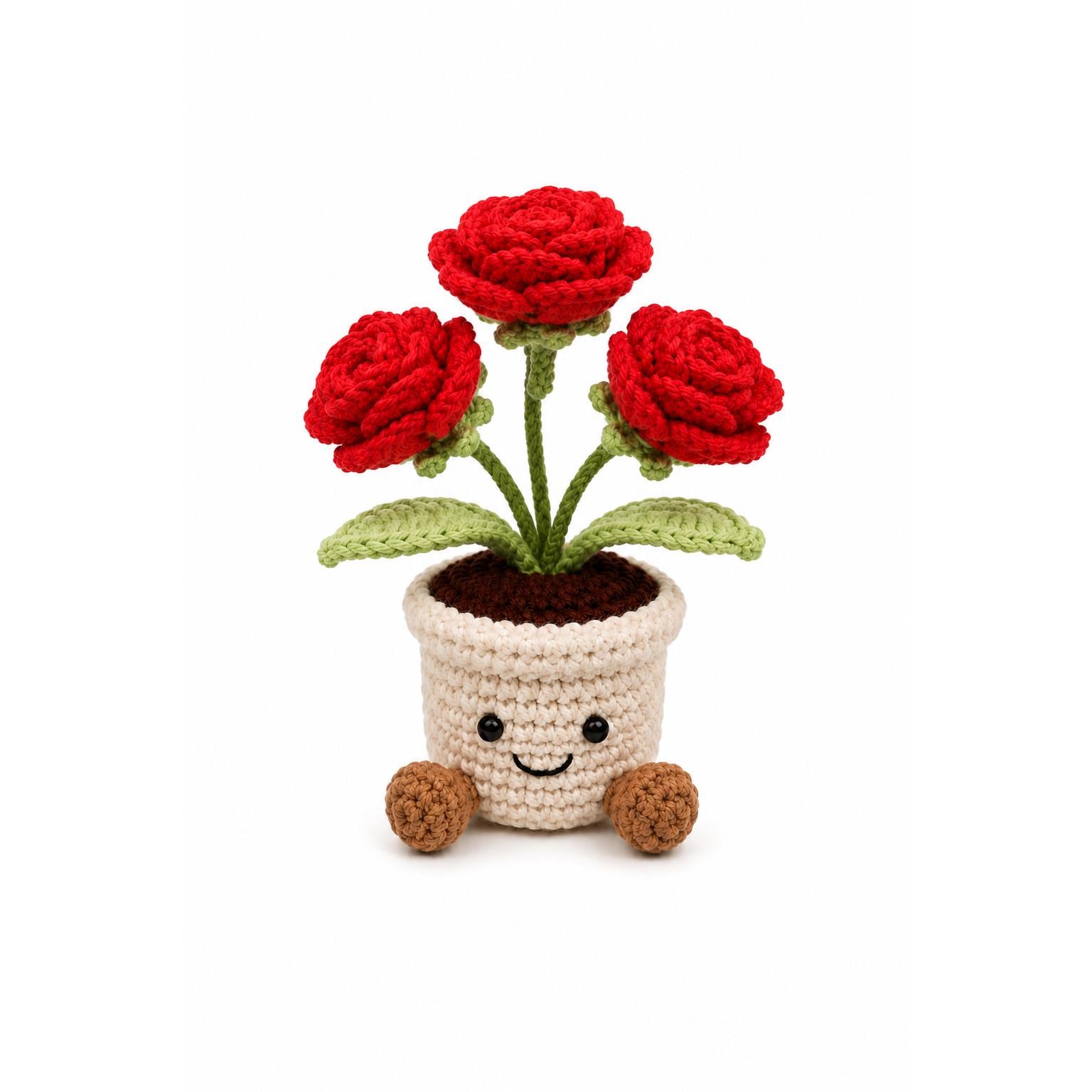 Crochet Small Rose Flower Smile Pot, Handmade Yarn Plant Decor, Cute Rose Gift, Botanical Home Decoration, Cottagecore Decor