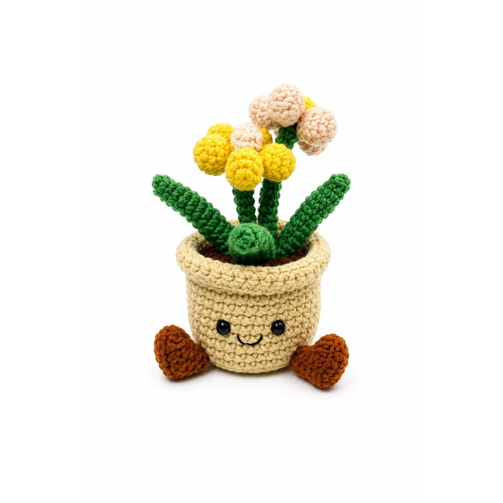 Crochet Small Pom Pom Flower Smile Pot, Handmade Yarn Plant Decor, Cute Pom Pom Flower Gift, Botanical Home Decoration, Cottagecore Decor