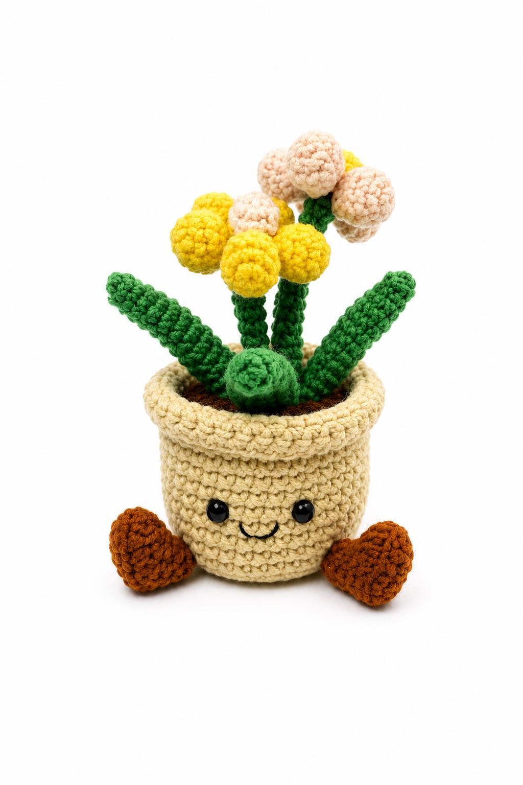 Crochet Small Pom Pom Flower Smile Pot, Handmade Yarn Plant Decor, Cute Pom Pom Flower Gift, Botanical Home Decoration, Cottagecore Decor