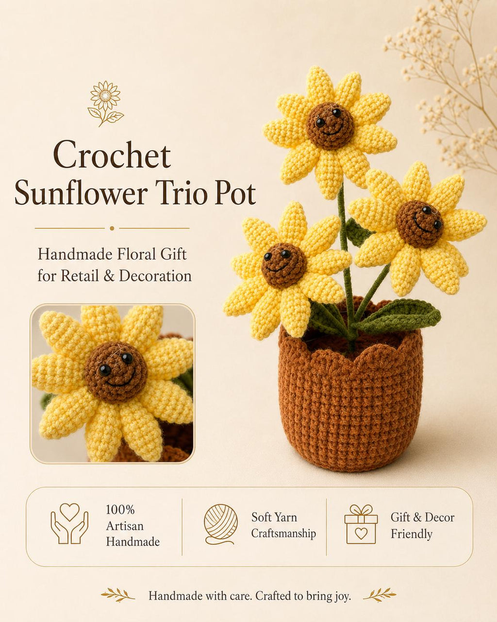 Crochet Sunflower Trio Pot, Handmade Yarn Flower Arrangement, Sunflower Gift, Handmade Home Decor, Botanical Decoration